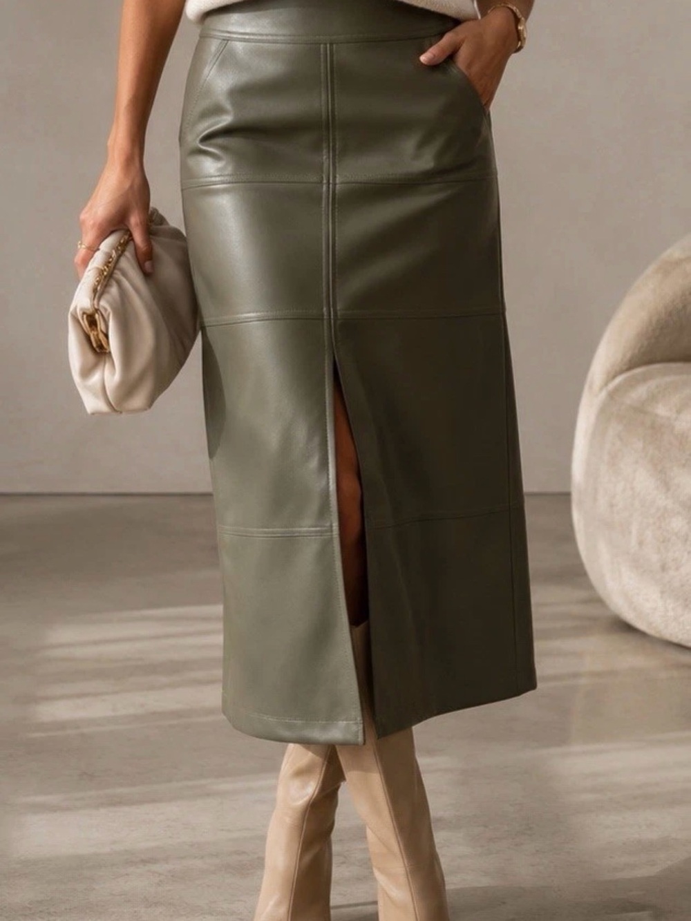Cabi "Kick It" Skirt Style #4765 Olive Green Faux Leather Midi Size 4 Vegan